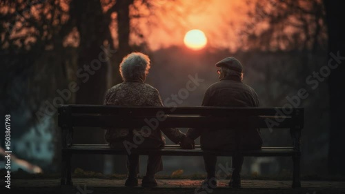 Forever Bond: An elderly couple sitting on a bench, silhouetted against a vibrant sunset, their hands clasped in a timeless gesture of love and companionship.