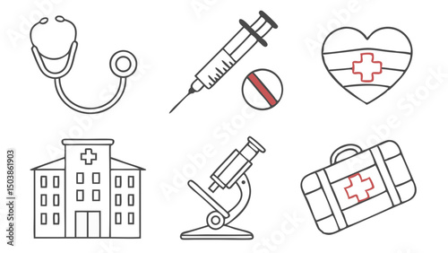 Line Art Illustration Of Medical And Healthcare Icons Including Stethoscope Syringe Pill Heart Hospital Microscope And First Aid Kit