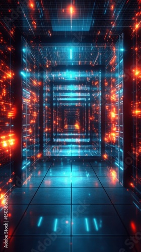 Digital tunnel with glowing data streams