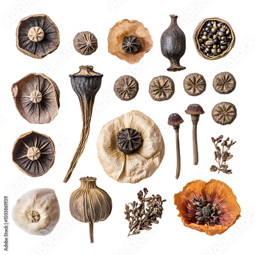 Dried Poppy Flowers Seeds and Pods Botanical Still Life