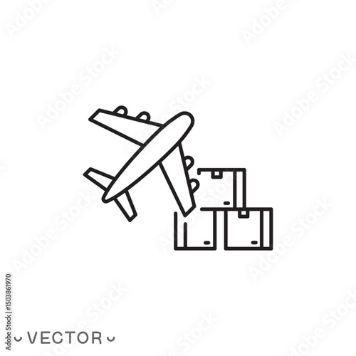 delivery plane icon, transport platform for fly shipping, air freight logistic, aircraft with cargo boxes concept, thin line symbol isolated on white background, editable stroke eps 10 vector