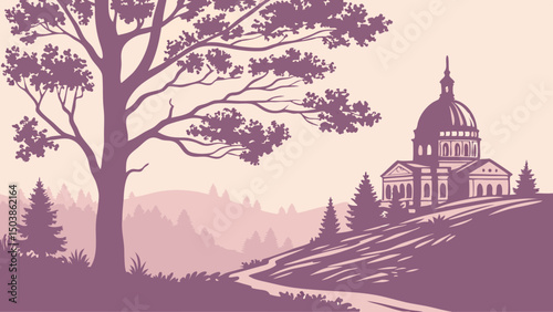 Vintage Landscape Illustration With Majestic Tree Path And Classical Dome Building In Rolling Hills At Sunset