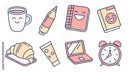 Set Of Cute Cartoon Icons Representing Morning Routine With Coffee Croissant Toothpaste Notebook Book Laptop And Alarm Clock