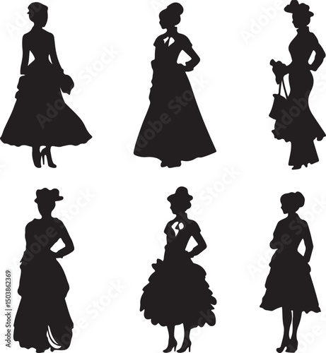 Victorian Era Women Silhouette Vector Art: Elegant Ladies in Vintage Dresses, Fashion Illustrations, Historical Costume Design, Retro Style Graphics
