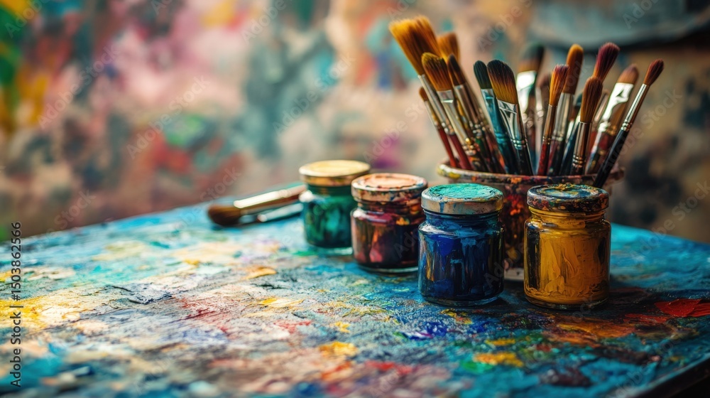 Fototapeta premium Vibrant Paint Jars and Brushes on an Artists Worktable in a Creative Studio