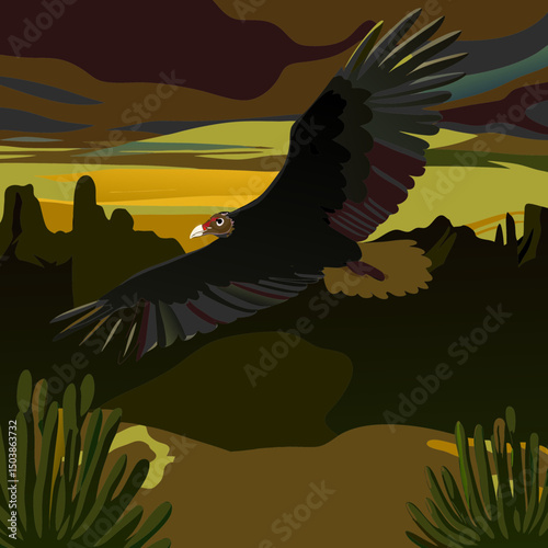 Stylized illustration of a turkey vulture soaring over a warm desert landscape, capturing the essence of arid wilderness and majestic flight.