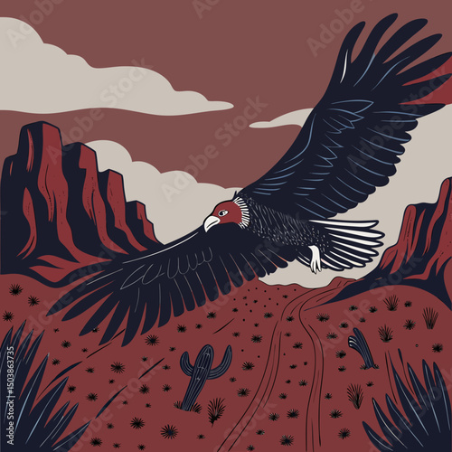 Stylized illustration of a turkey vulture soaring over a warm desert landscape, capturing the essence of arid wilderness and majestic flight.