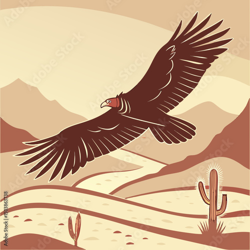Stylized illustration of a turkey vulture soaring over a warm desert landscape, capturing the essence of arid wilderness and majestic flight.