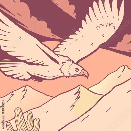 Stylized illustration of a turkey vulture soaring over a warm desert landscape, capturing the essence of arid wilderness and majestic flight.