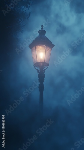Illuminated vintage streetlamp warmly glows amidst dense atmospheric fog and misty deep blue night