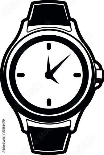 Monochrome Illustration of a Stylish Wristwatch with Precise Time Displaying vector silhouette