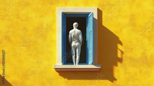 Solitary figure in a window, vibrant backdrop