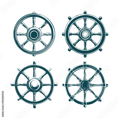Set of  Vintage Ship Helm steering wheel vector illustration