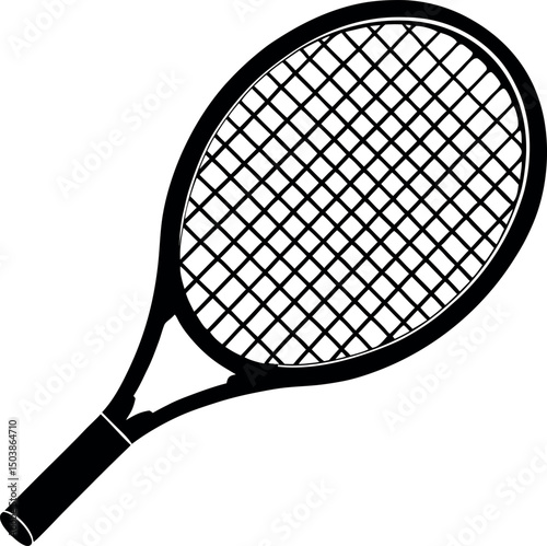 Graphic illustration of a black tennis racket with a string pattern vector 