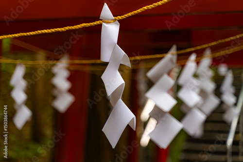 神域を守る紙垂と注連縄
Shide paper streamers on sacred rope at a Japanese shrine
