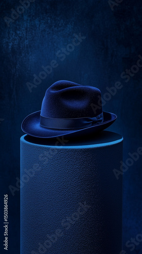 A navy blue hat in a front-facing angle, sitting on a studio pedestal 
