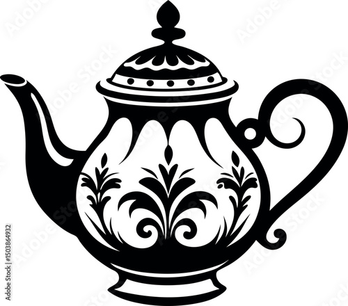 Elegant black and white vintage teapot with decorative floral patterns design vector  