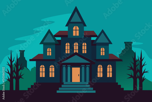 Night sky illuminates a residential estate with a house in the woods and a castle building illustration