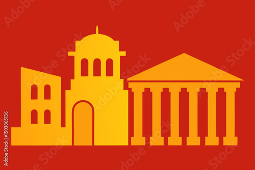 Vector illustration of church and mosque silhouettes, depicting diverse religious architecture and historical city landmarks