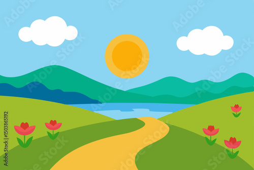 Bright summer landscape with green grass, colorful flowers, and blue sky over rolling hills and distant mountains