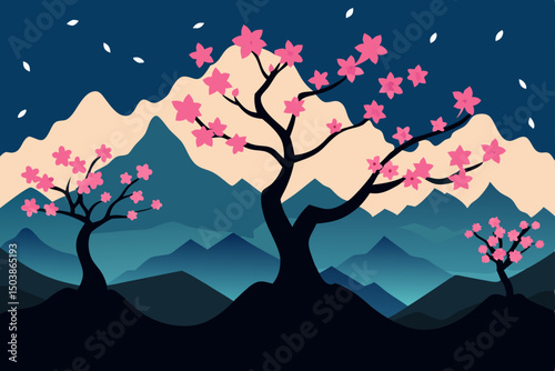 Vector illustration of a seasonal tree in nature: from spring blossom to autumn leaves and winter silhouette, capturing the essence of a tree at night