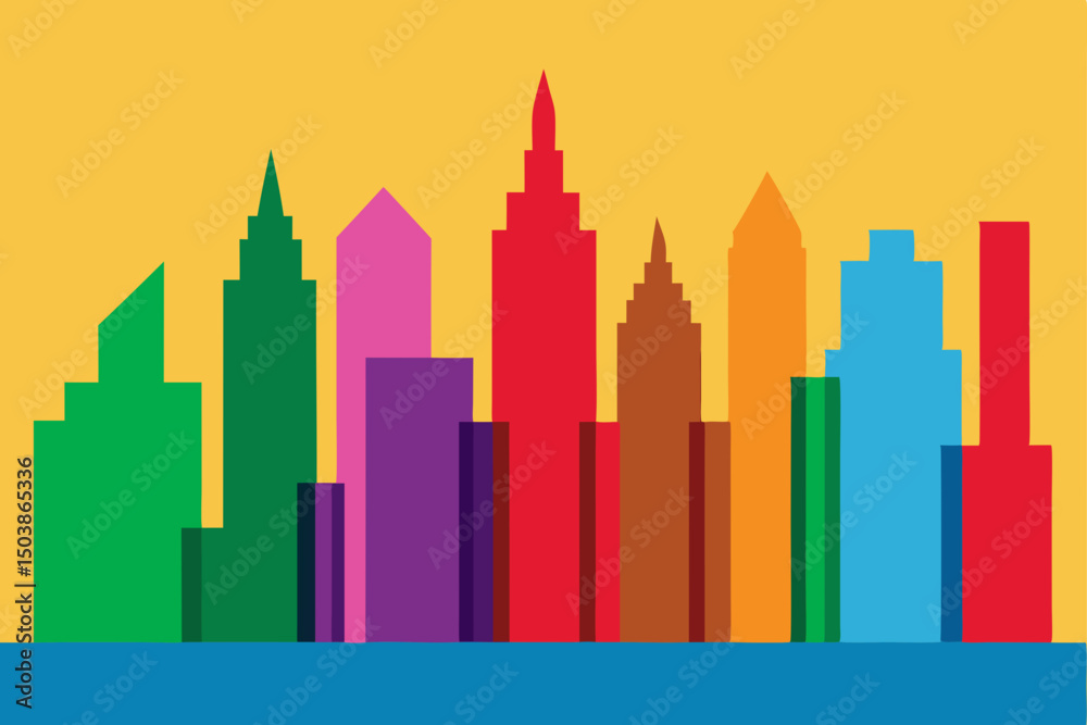 Obraz premium Colorful vector city skyline illustration with urban building architecture and growth concept