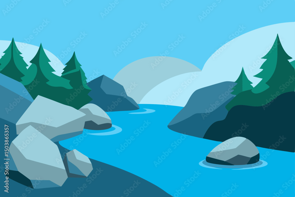 Blue winter landscape illustration with snow, ice, mountains, and lake Blue winter landscape illustration with snow, ice, mountains, and lake