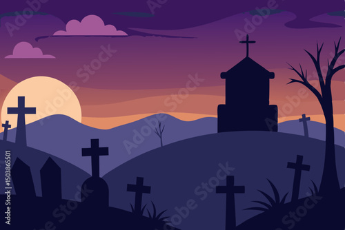 Moonlit cemetery with silhouetted church and city skyline