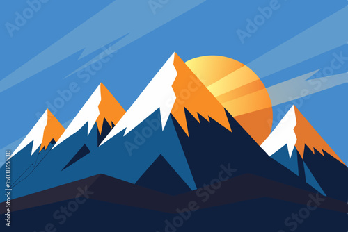 Mountain landscape vector illustration with sunset sky and rocky peaks