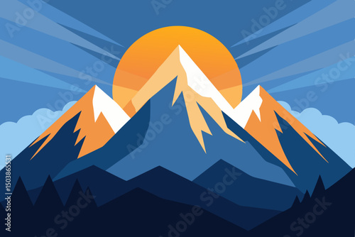 Mountain landscape vector illustration with a stunning sunset over snow-capped peaks and cloudy sky