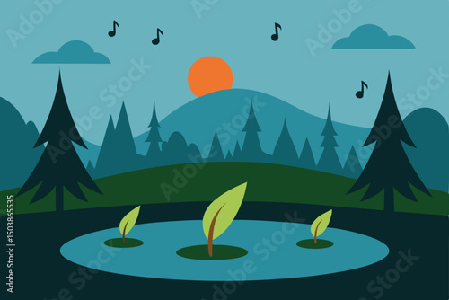 Vector nature landscape with trees and mountains, summer ocean and sky illustration