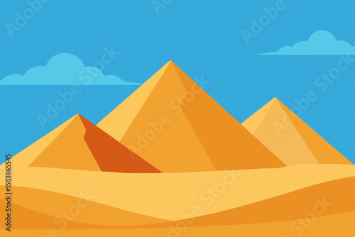 Egyptian pyramids of Giza in the orange desert landscape at sunset, with camels