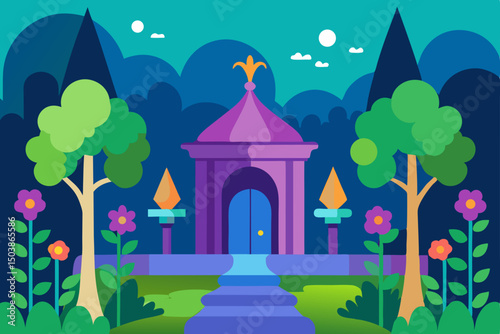 Cartoon vector illustration of a fantasy castle building in a magical night landscape with trees and a moonlit sky