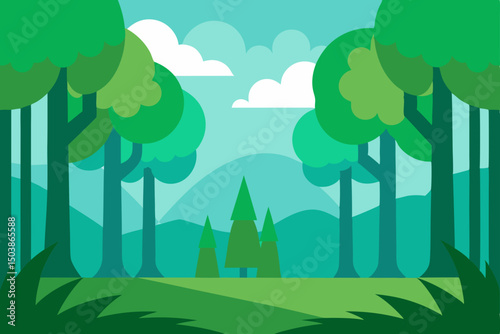 Urban eco-cityscape vector illustration with trees, buildings, grass, and summer sky