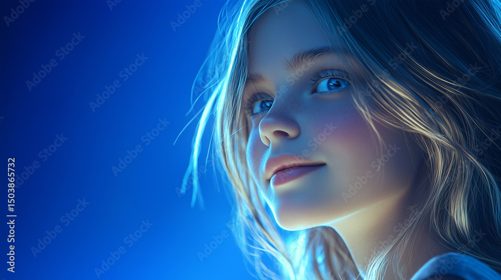 Naklejka premium A passionate young girl with a soft and genuine smile, slightly tilting her head, her hair illuminated by the light .