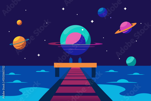 A vibrant cartoon rocket blasts off towards a distant moon, with a spaceship and stars traversing the night sky