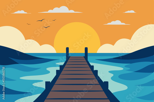 Wooden pier stretching into the tropical sea at sunset