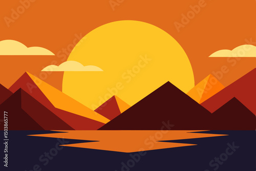 Sunset landscape with pyramids in the desert, featuring a camel silhouette against an orange sky