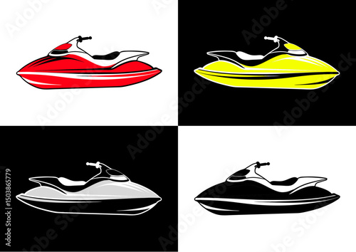 Jet ski icon for water sports and transport concept, colorful and monochrome designs, contrastic background
