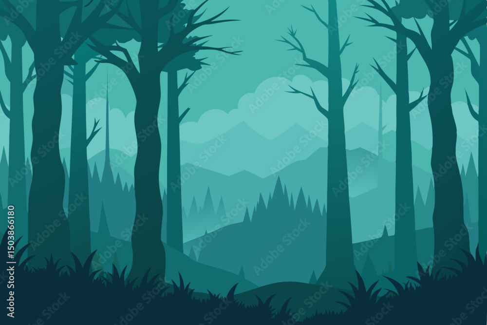 A dark, misty forest landscape with green trees and soft morning light