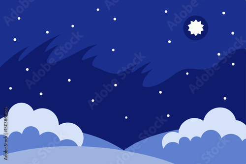 Night sky landscape with a dark blue moon and shining stars over the winter sea