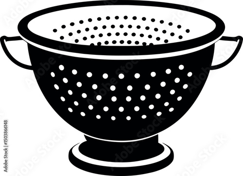 Stylized black and white colander with handles for food preparation and rinsing vector silhouette