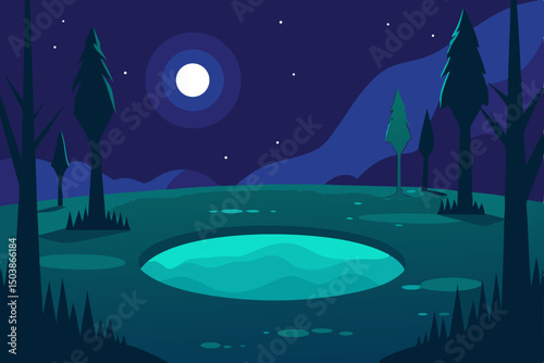 Dark blue night landscape with a full moon, stars, and a city silhouette with a lone tree