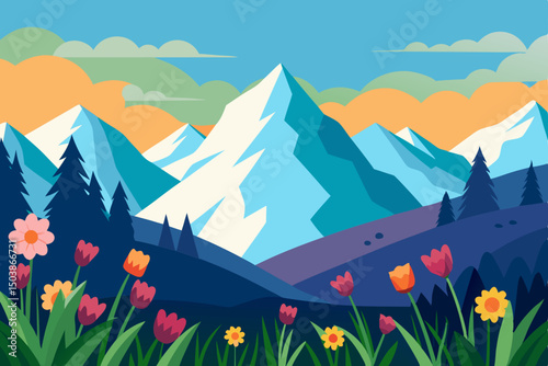 serene alpine meadow with wildflowers and snowy background