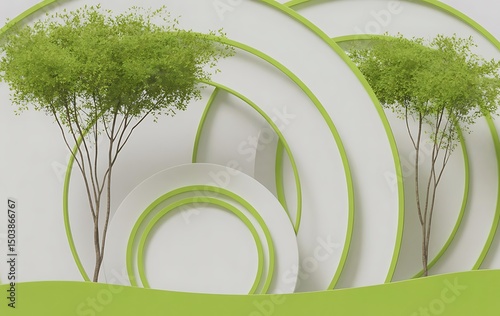 A green wall featuring circular shapes and trees, creating a vibrant and natural backdrop.
