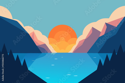 serene Scandinavian fjord with glowing sunrise background