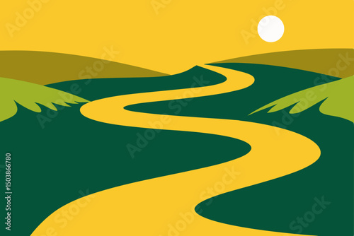  serpentine stream carving through a meadow soaked background