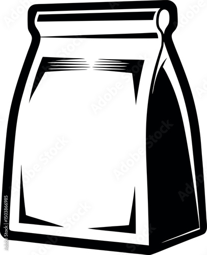 Stylized black and white graphic illustration of a paper lunch bag  