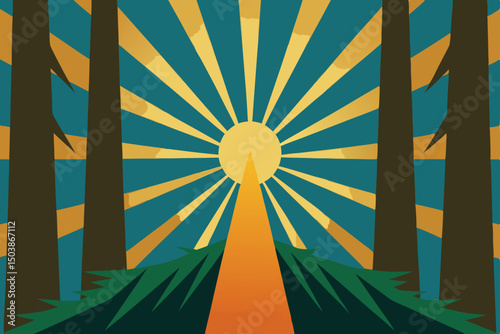 sunburst between tree trunks on a forest hike