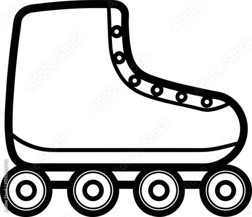 Black and white inline roller skate illustration with thick outline style  